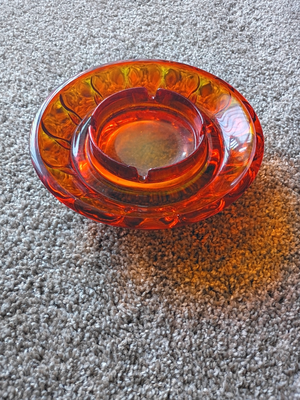 Vintage Mid Century Modern Viking Glass Double Ring Ashtray - Persimmon Amberina